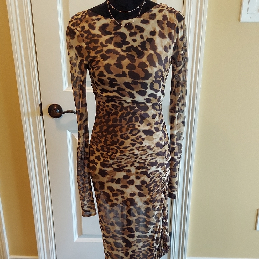 Bebe Brown Tan Bodycon Mock Neck Dress